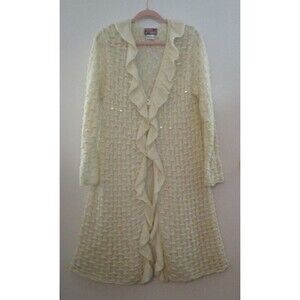 VTG April Cornell Womens Sz L Knit Duster Cardigan Sweater Ivory Coquette Boho